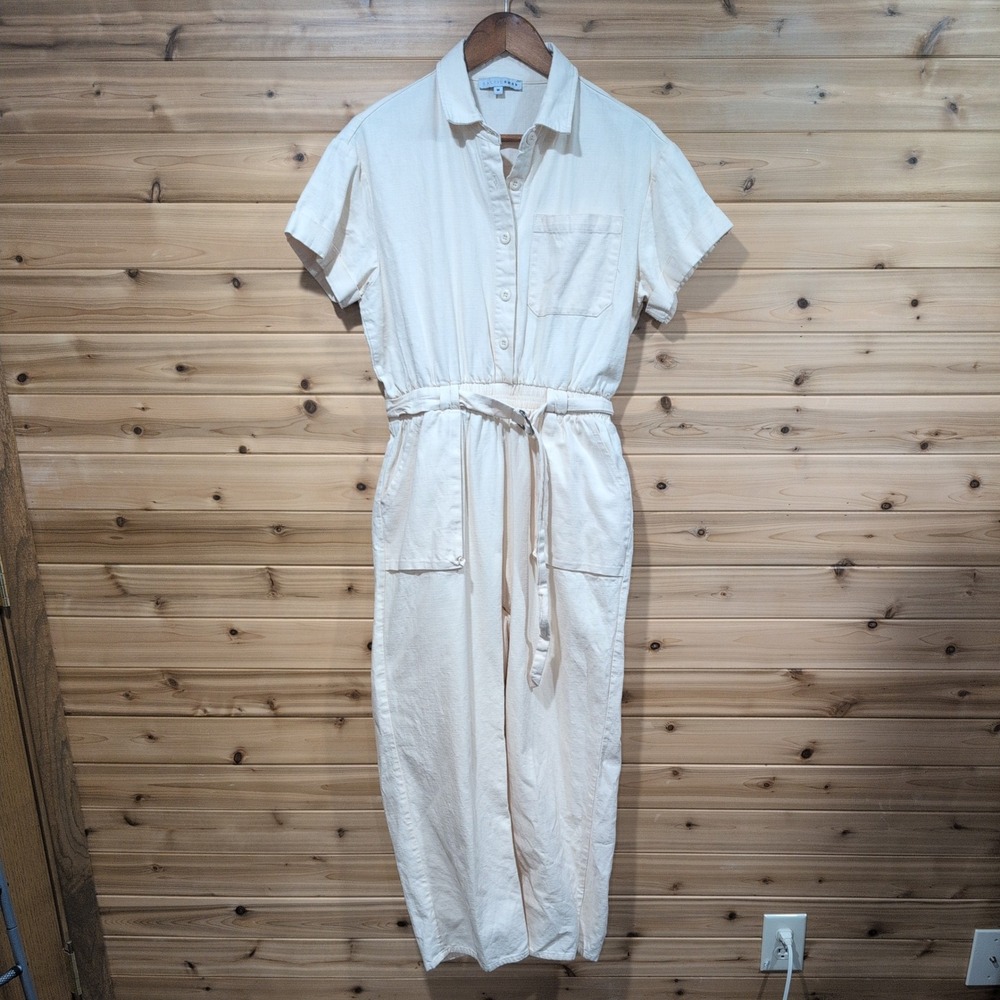 Baltic Born Womens Cream Cotton Short Sleeve Utility Jumpsuit with Belt Size M